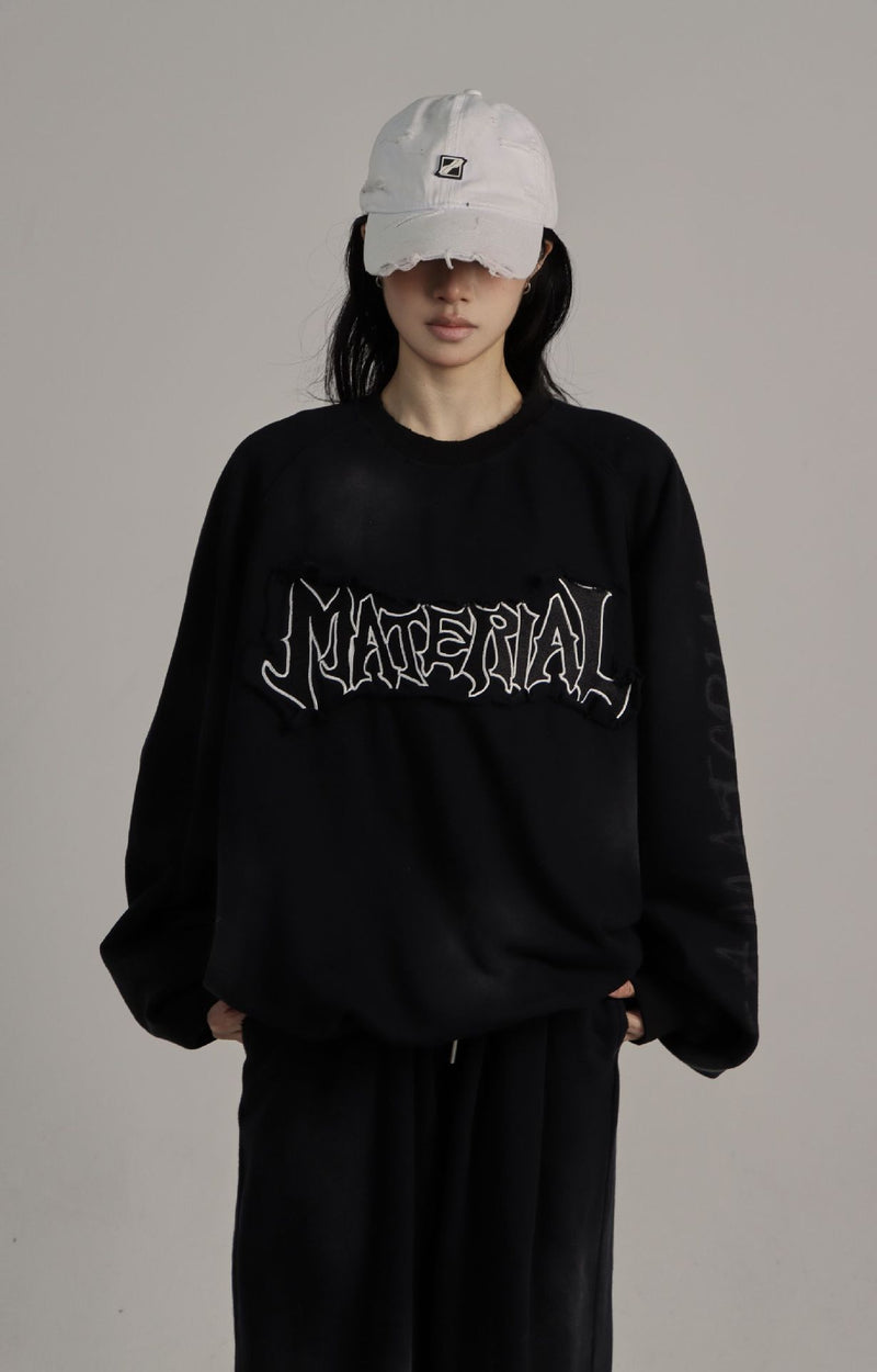 Men's Crew Neck Sweater Washed Distressed 'Material' Graphic Patch Sweatshirt