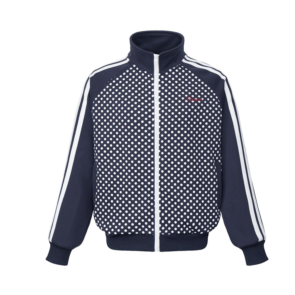 Veste de survêtement zippée à pois, avec col montant et manches à rayures blanches, bleu marine et gris chiné