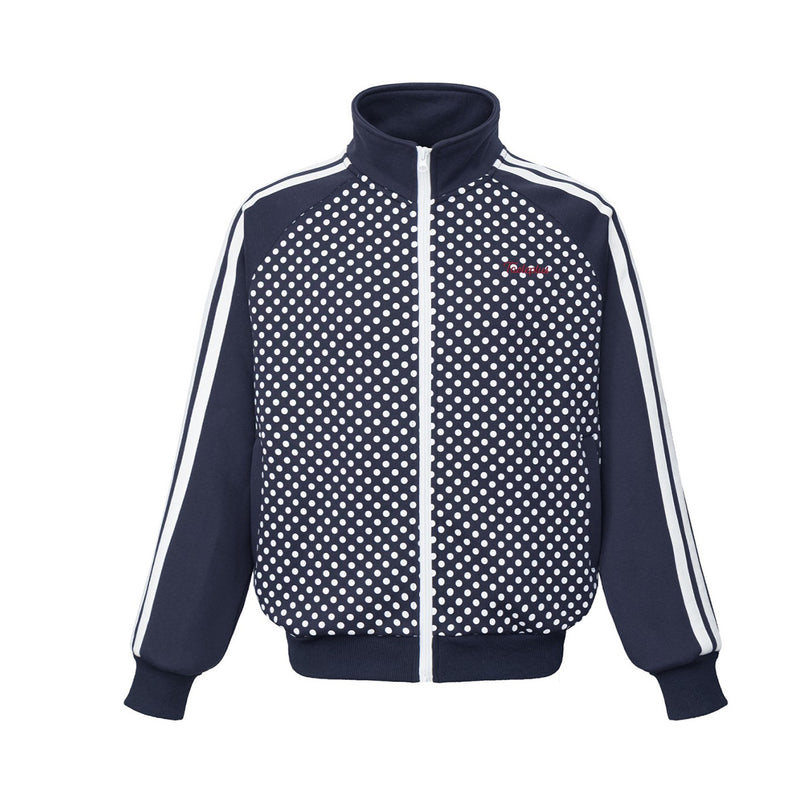 Veste de survêtement zippée à pois, avec col montant et manches à rayures blanches, bleu marine et gris chiné