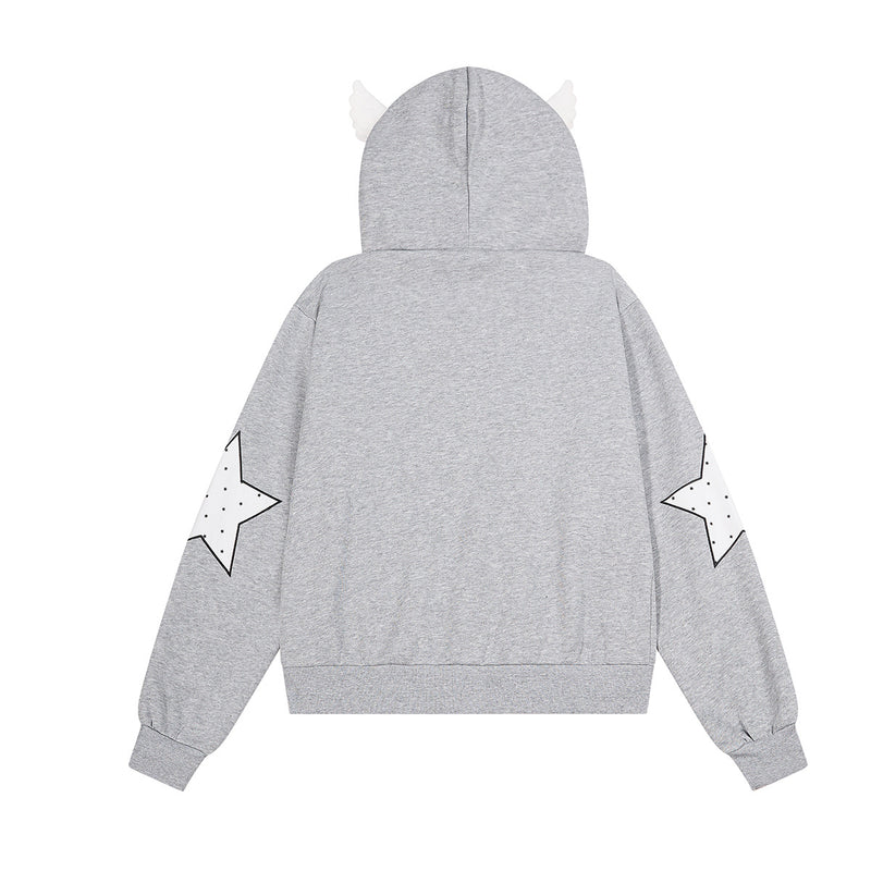 Sweat zippé gothique avec écusson chat brodé, ailes d’ange et capuche à oreilles de chat