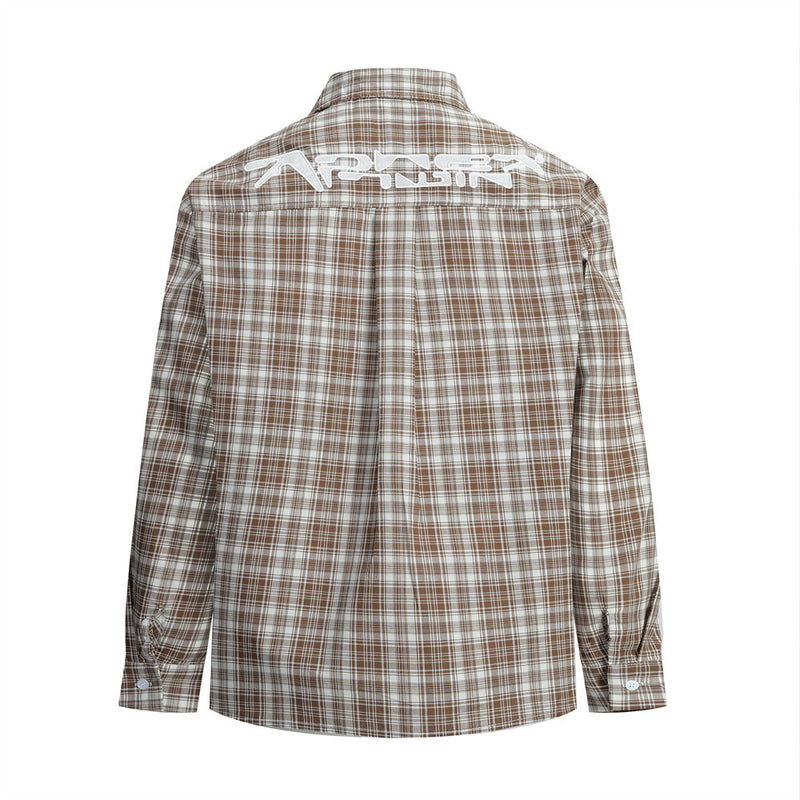 Brown plaid long sleeve shirt back view with white shoulder embroidery
