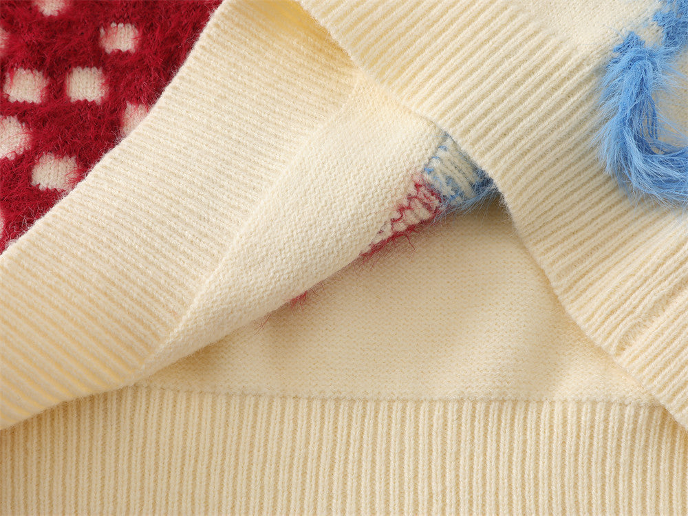 Men's V Neck Sweater Colorblock Cartoon Jacquard Fringe Knit Pullover
