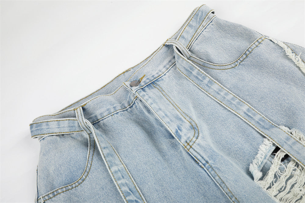Light Wash Distressed Wide-Leg Jeans – Deconstructed Raw Edge Streetwear Denim