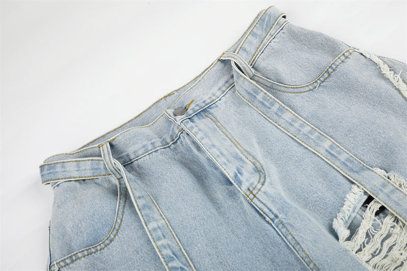 Light Wash Distressed Wide-Leg Jeans – Deconstructed Raw Edge Streetwear Denim