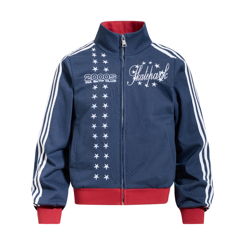 Bestickte Skatepark-Trainingsjacke mit Sternmotiv und Ärmeln mit drei Streifen in Marineblau mit roter Paspelierung