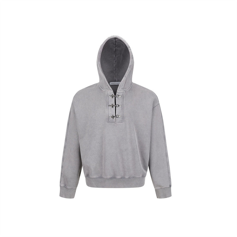 Men's Metal Clasp Pullover Hoodie – Oversized Washed Fleece Sweatshirt