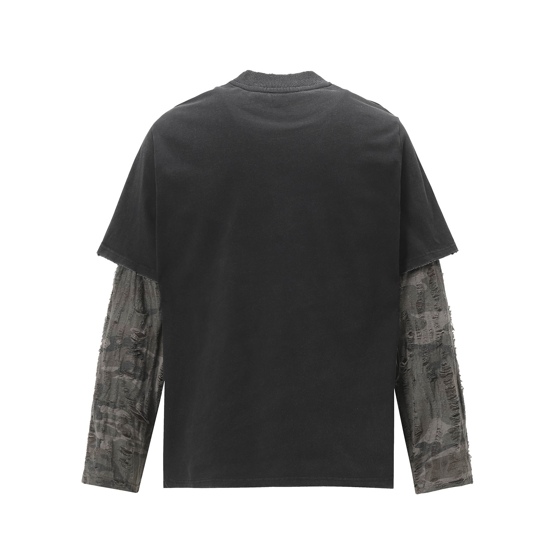 T-shirt manches longues à manches camouflage usées, effet deux pièces – Streetwear noir délavé