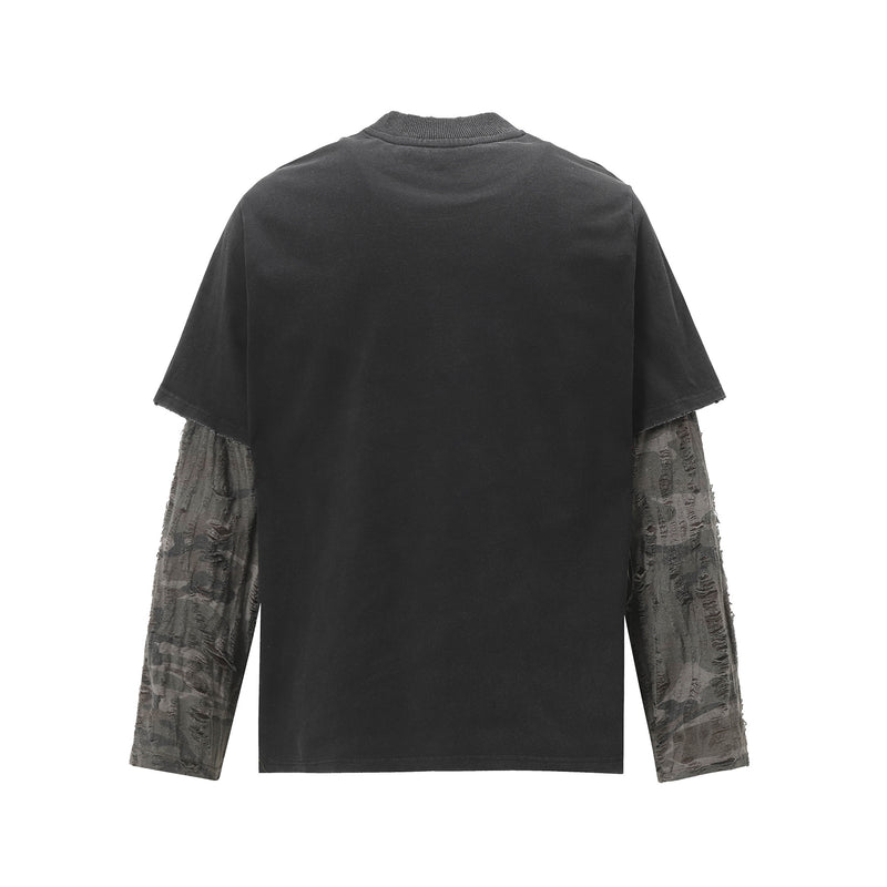 T-shirt manches longues à manches camouflage usées, effet deux pièces – Streetwear noir délavé