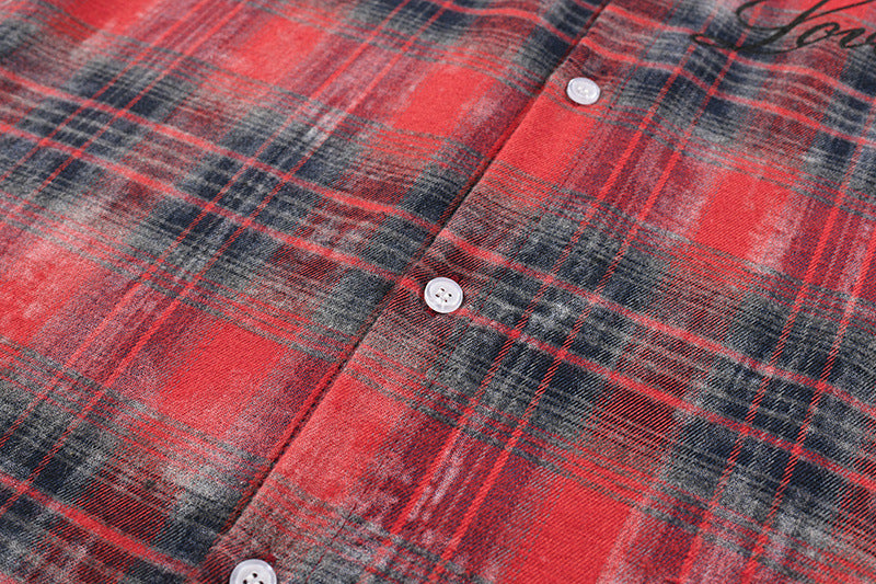 Washed Plaid Long Sleeve Shirt with American Flag Patchwork – Oversized