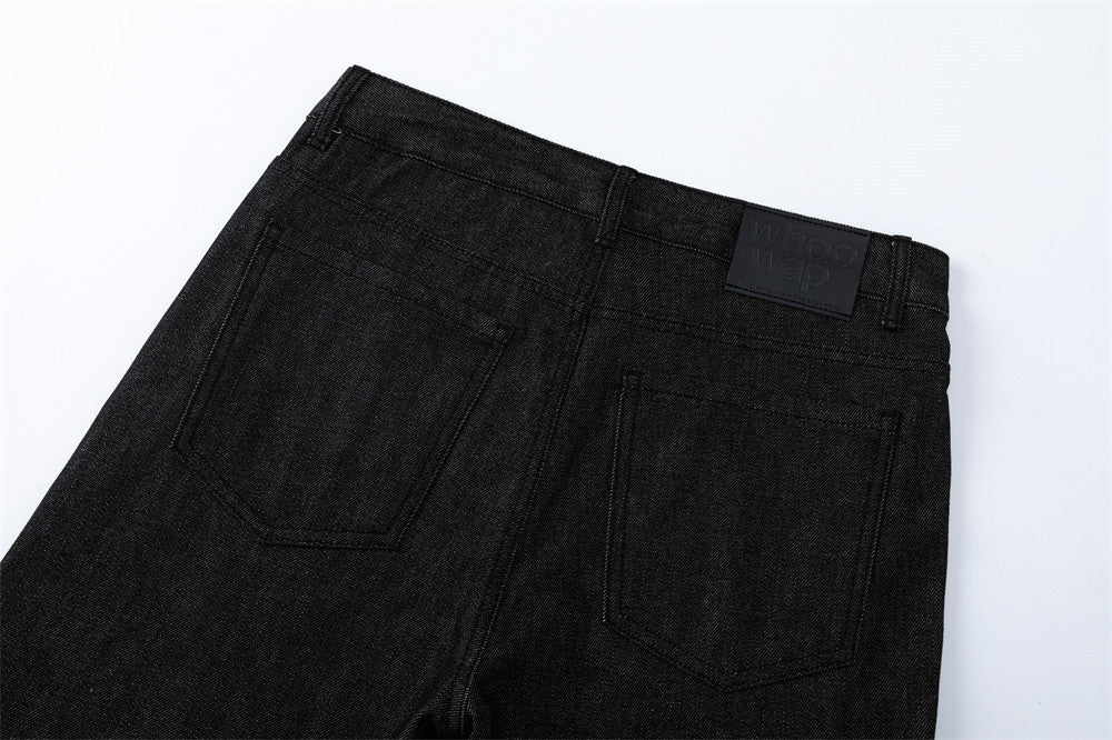Men's Black Wide-Leg Jeans with Double-Breasted Buttons & Braided Detail