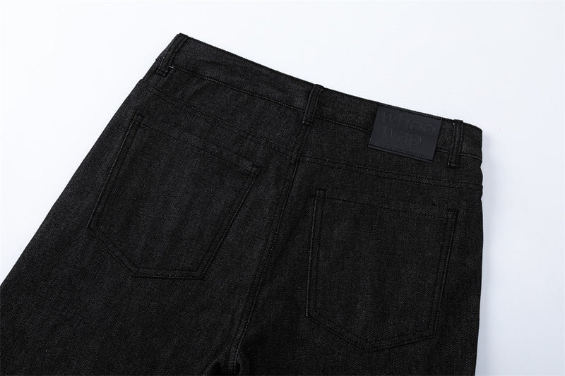 Men's Black Wide-Leg Jeans with Double-Breasted Buttons & Braided Detail