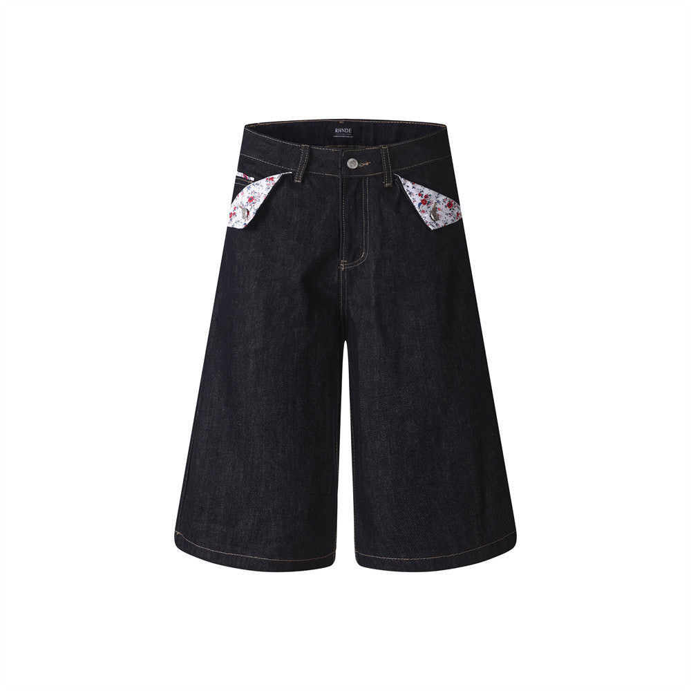 RHNDE Dark Wash Wide-Leg Denim Shorts with Floral Pocket Lining