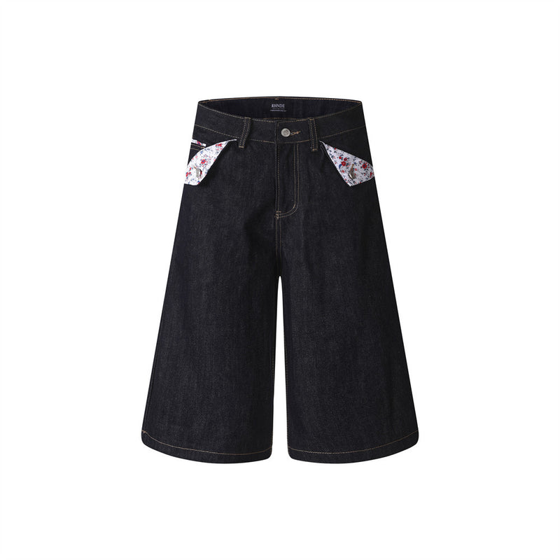 RHNDE Dark Wash Wide-Leg Denim Shorts with Floral Pocket Lining