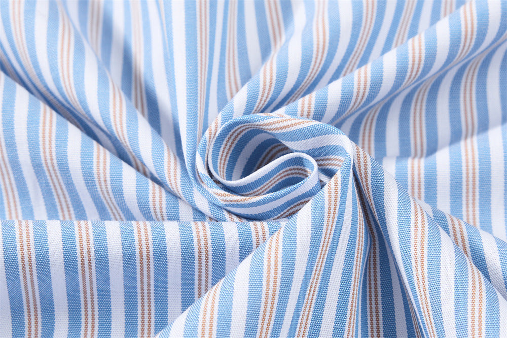 Blue Striped Button-Down Shirt with Beach Embroidery & Denim Collar
