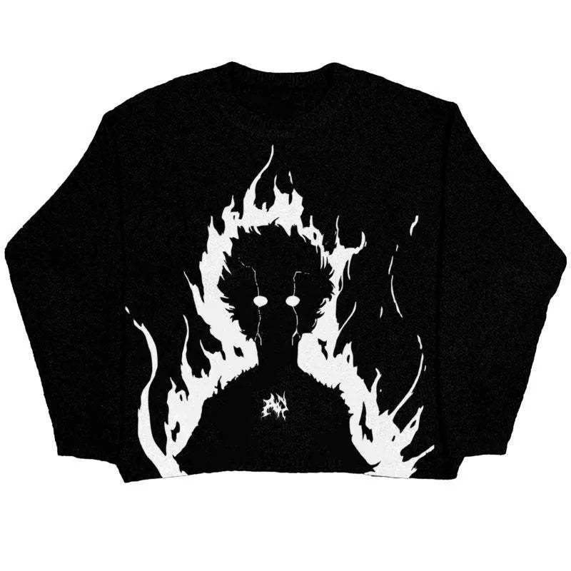 Seakoff's Premium Mob Psycho 100-Inspired Knit Sweater showcases Shigeo Kageyama's 100% Power with a striking black-and-white design featuring flames and psychic energy, capturing the anime streetwear style with intriguing round eyes.
