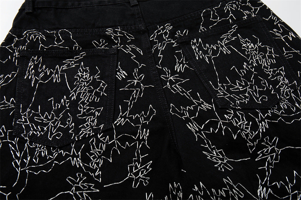 Wide-Leg Denim Shorts – All-Over Chaotic Stitch Embroidery, Hip-Hop Style