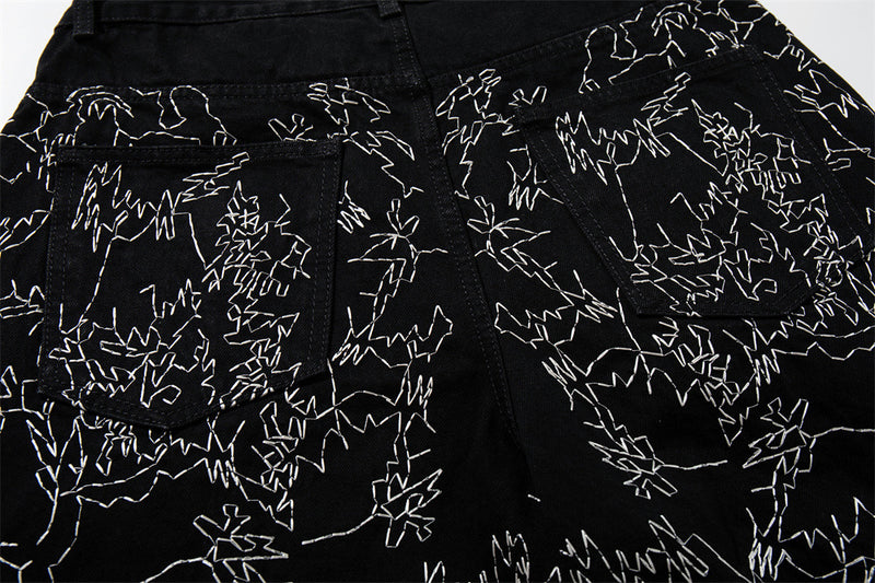 Wide-Leg Denim Shorts – All-Over Chaotic Stitch Embroidery, Hip-Hop Style