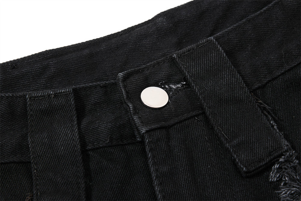 Black Wide-Leg Deconstructed Jeans – Zipper Detail & Raw-Edge Patchwork