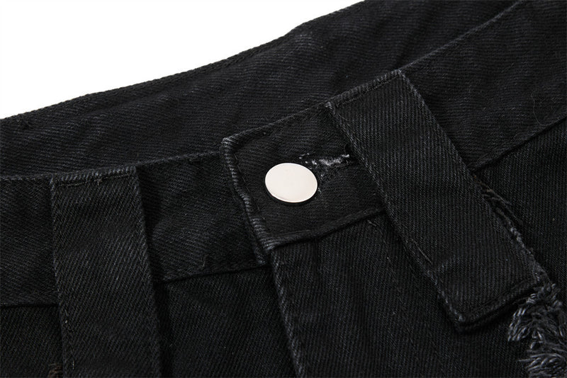 Black Wide-Leg Deconstructed Jeans – Zipper Detail & Raw-Edge Patchwork