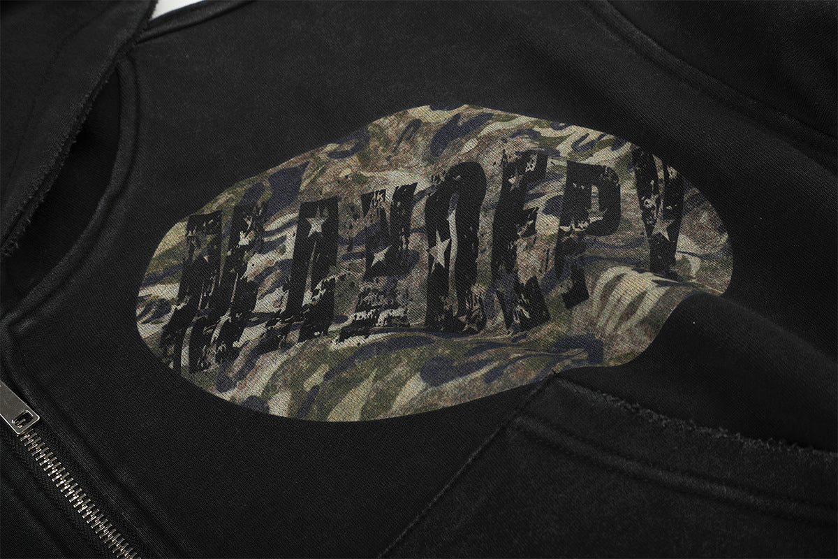 Hoodie zippé court à écussons graphiques vintage – Noir délavé