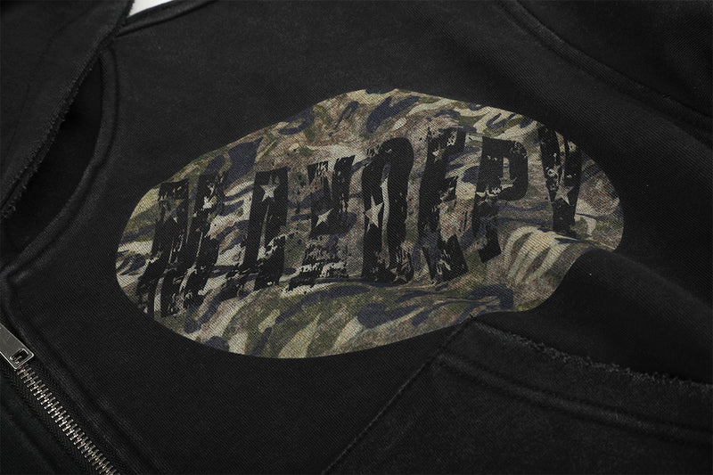 Hoodie zippé court à écussons graphiques vintage – Noir délavé
