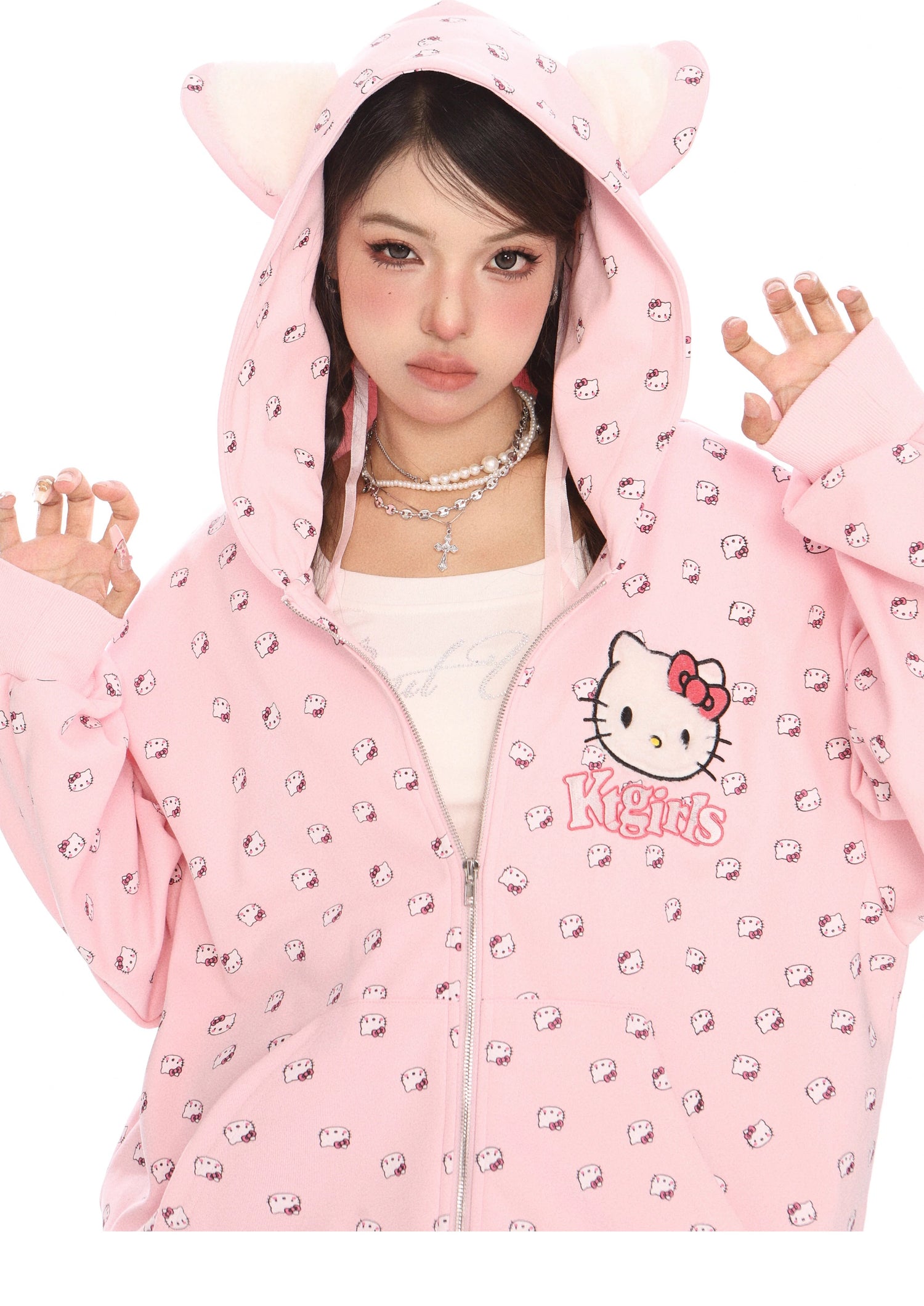 Hello Kitty Pink Kawaii Hoodie – Cute Oversized Zip-Up with Cat Ear Hood and All-Over Print