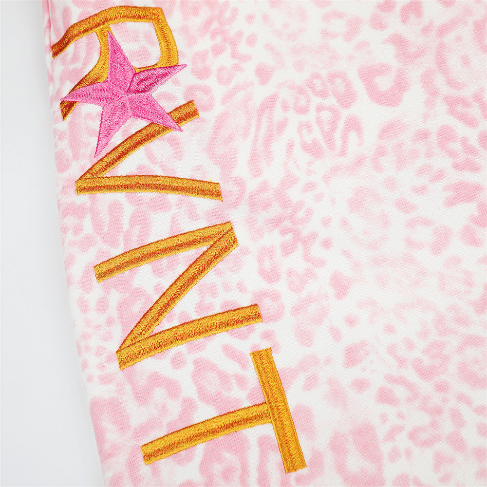 Pink Leopard Print Wide-Leg Sweatpants with Letter Embroidery