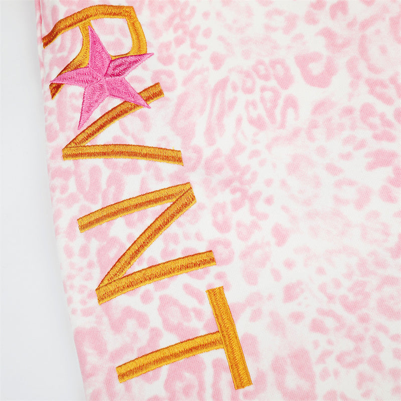 Pink Leopard Print Wide-Leg Sweatpants with Letter Embroidery