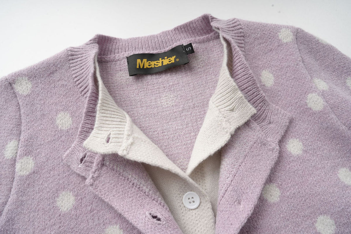 Polka Dot Knit Cardigan Sweater – Cropped Button-Up Knitwear
