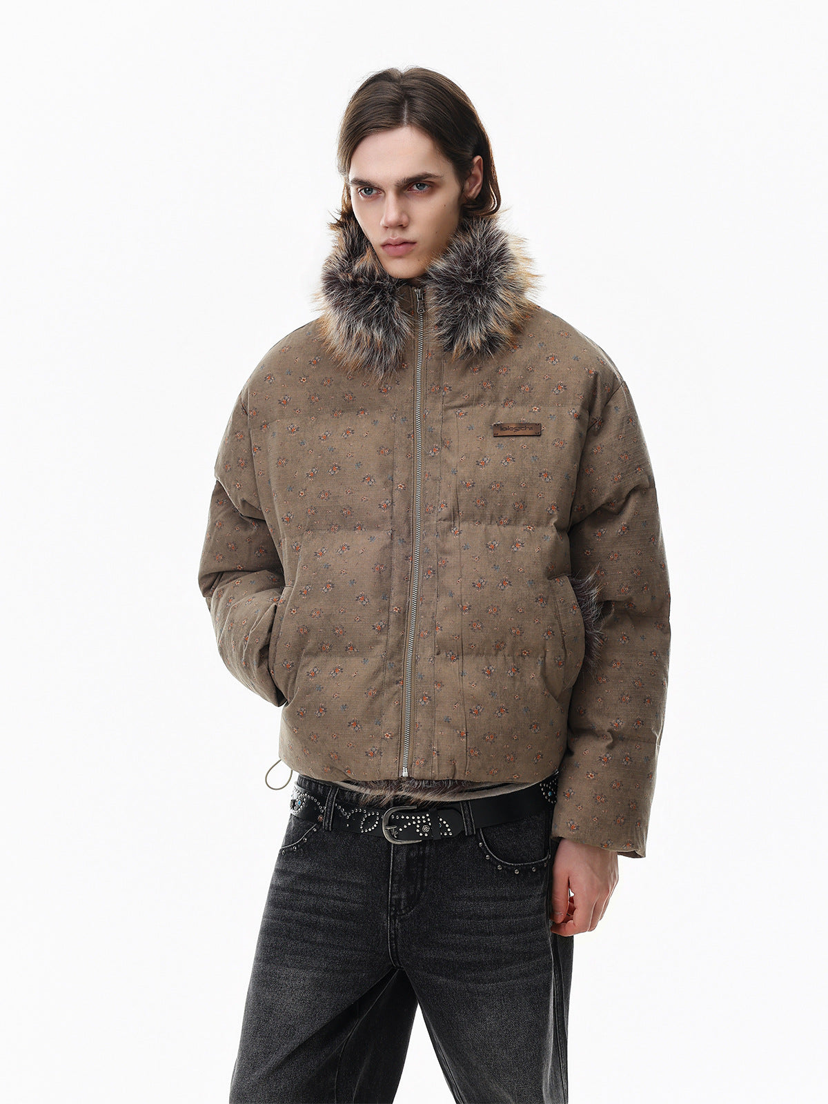 Floral Print Puffer Jacket with Faux Fur Collar – Cropped Fit Men's Winter Coat