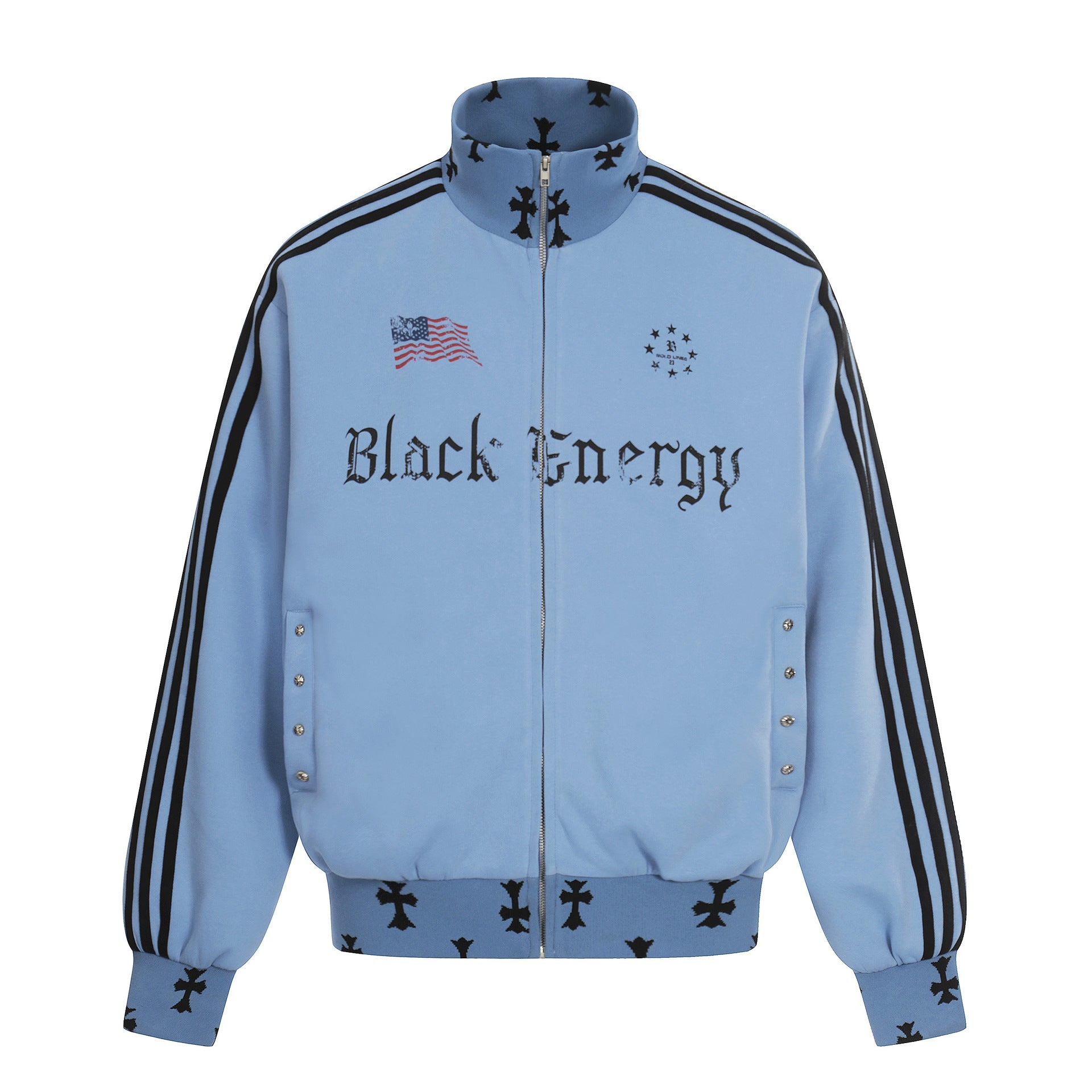 Veste de survêtement noire Black Energy à col montant et zip intégral, manches rayées et croix imprimée