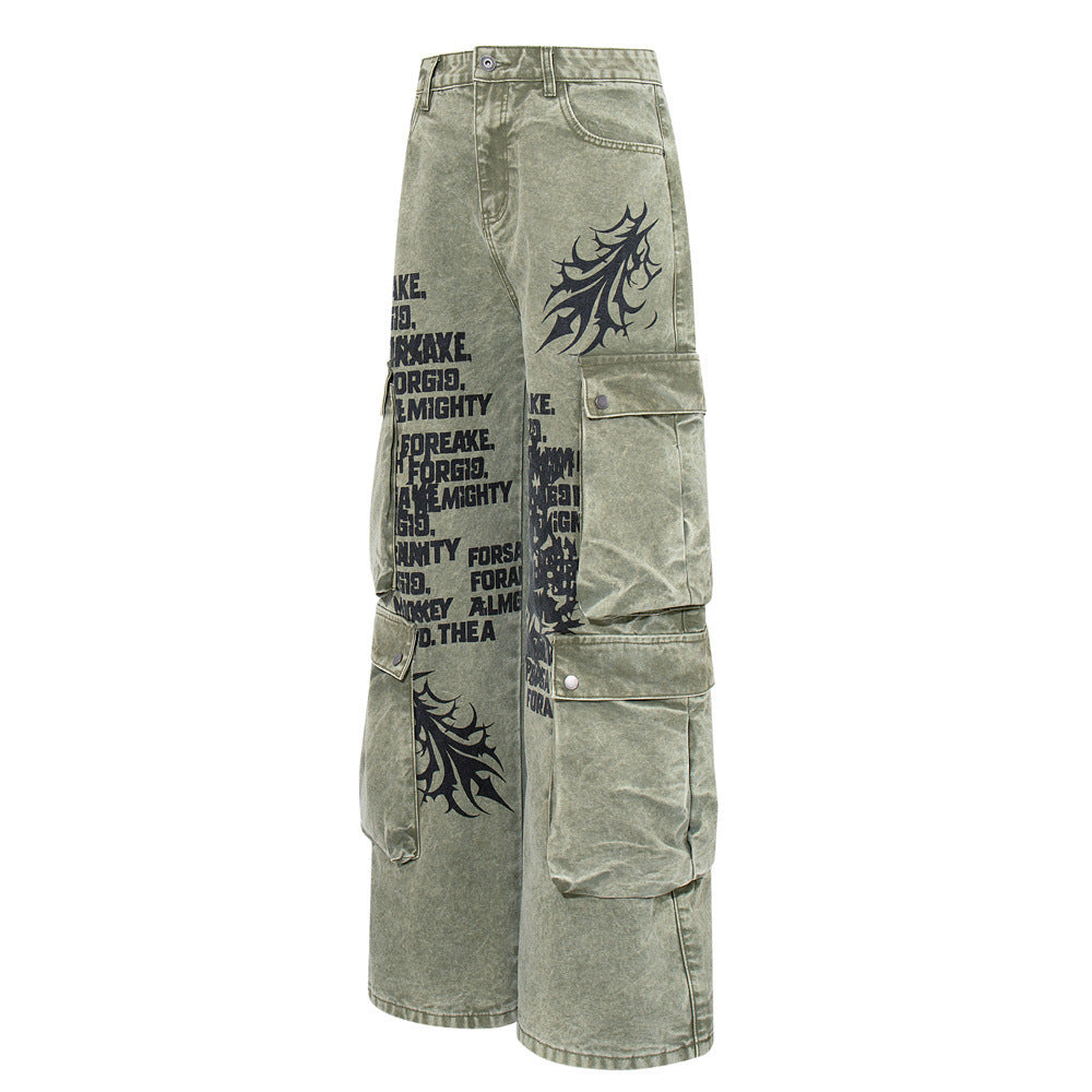 Wide-Leg Cargo Pants with Tribal Graphic & Letter Print – Acid Wash Army Green