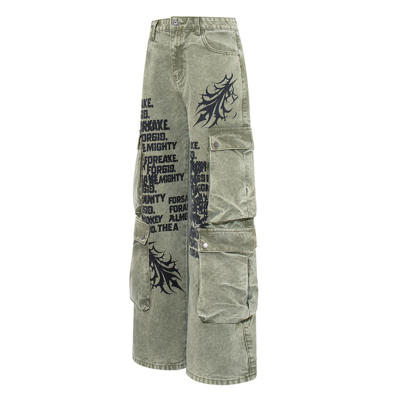 Wide-Leg Cargo Pants with Tribal Graphic & Letter Print – Acid Wash Army Green