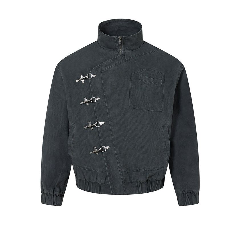 Metal Clasp Bomber Jacket – Washed Cotton Flight Jacket with Diagonal Buckle