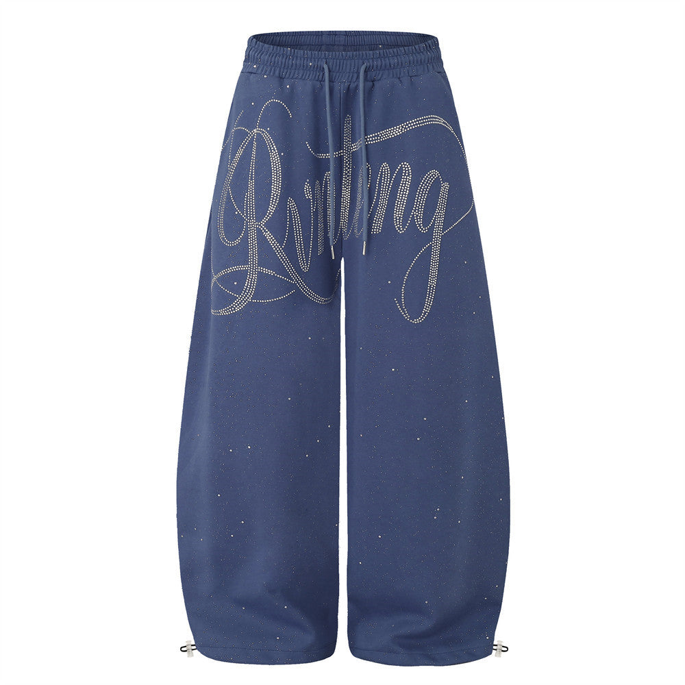 Men's Wide-Leg Sweatpants with Rhinestone Script & Glitter Fabric