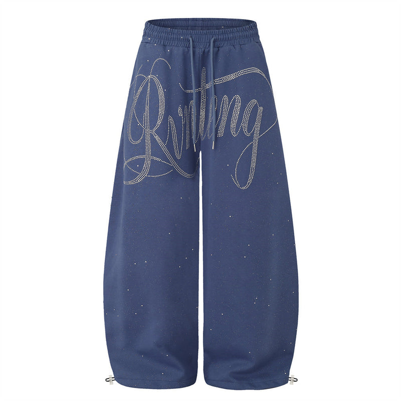 Men's Wide-Leg Sweatpants with Rhinestone Script & Glitter Fabric