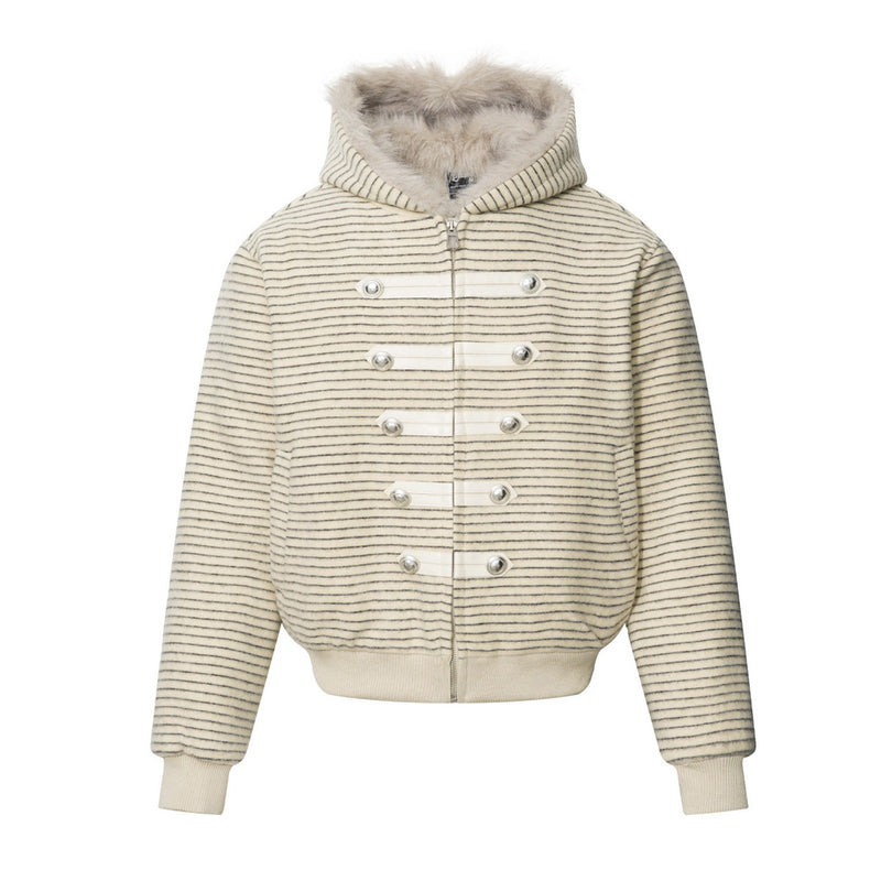 Striped Faux-Fur Hooded Zip-Up Bomber Jacket with Military Button Placket
