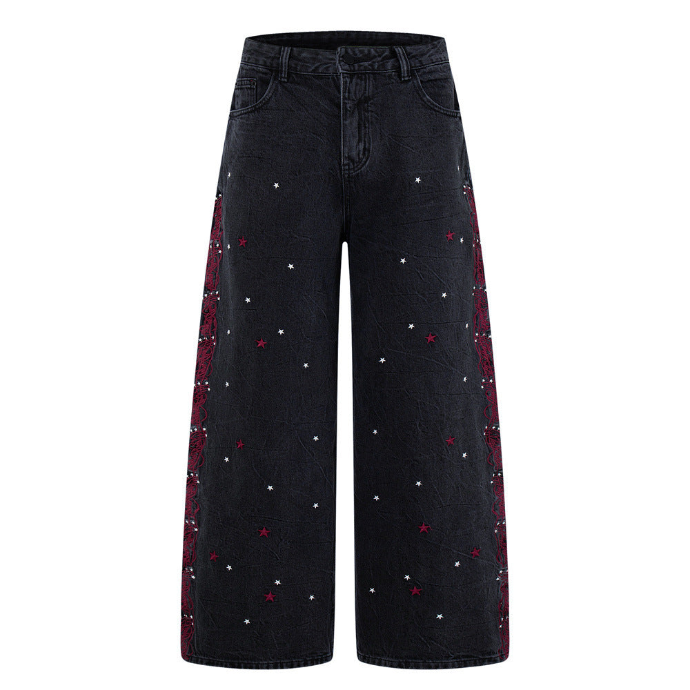 Star Embroidered Wide-Leg Jeans – Washed Black Denim with Side Floral Detail