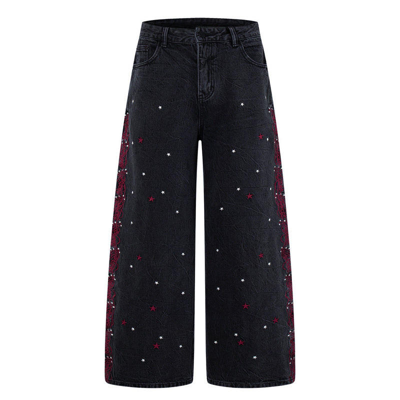 Star Embroidered Wide-Leg Jeans – Washed Black Denim with Side Floral Detail