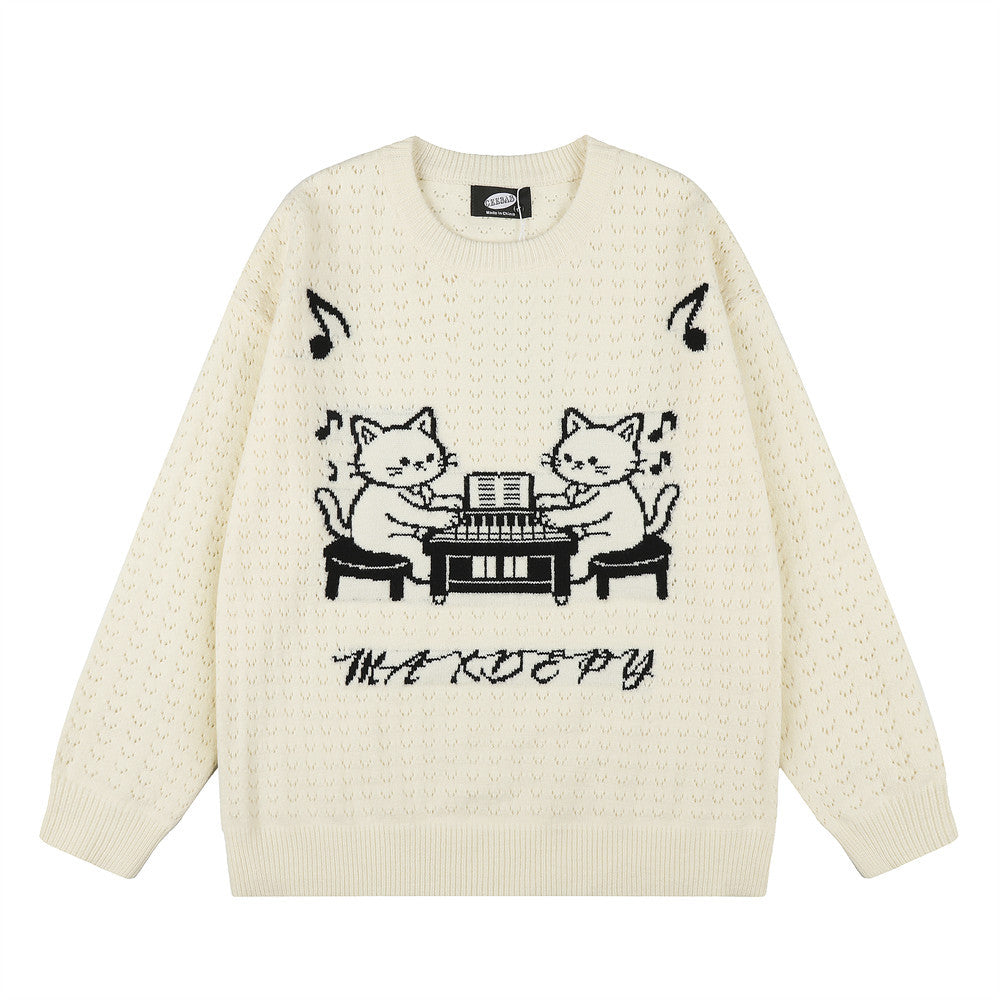 Pull homme en maille jacquard chat cartoon au piano – Pull à col rond et coupe décontractée