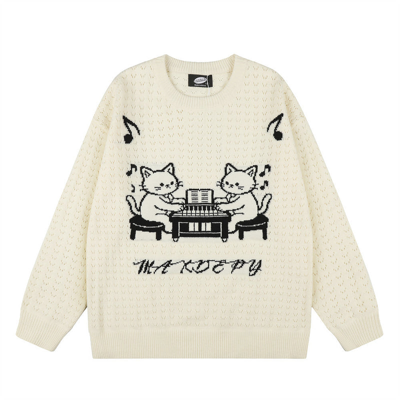 Pull homme en maille jacquard chat cartoon au piano – Pull à col rond et coupe décontractée
