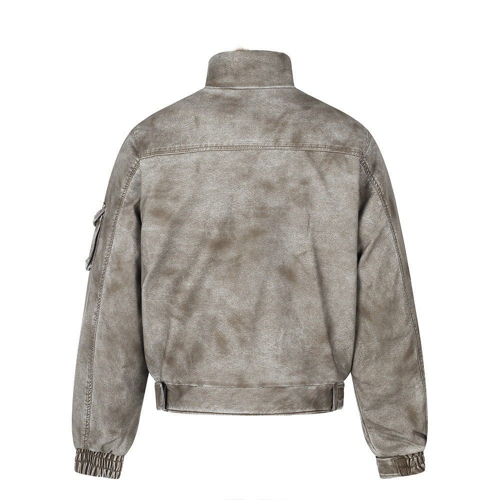 Men's Distressed Bomber Jacket with Faux Fur Collar – Padded Stand-Collar