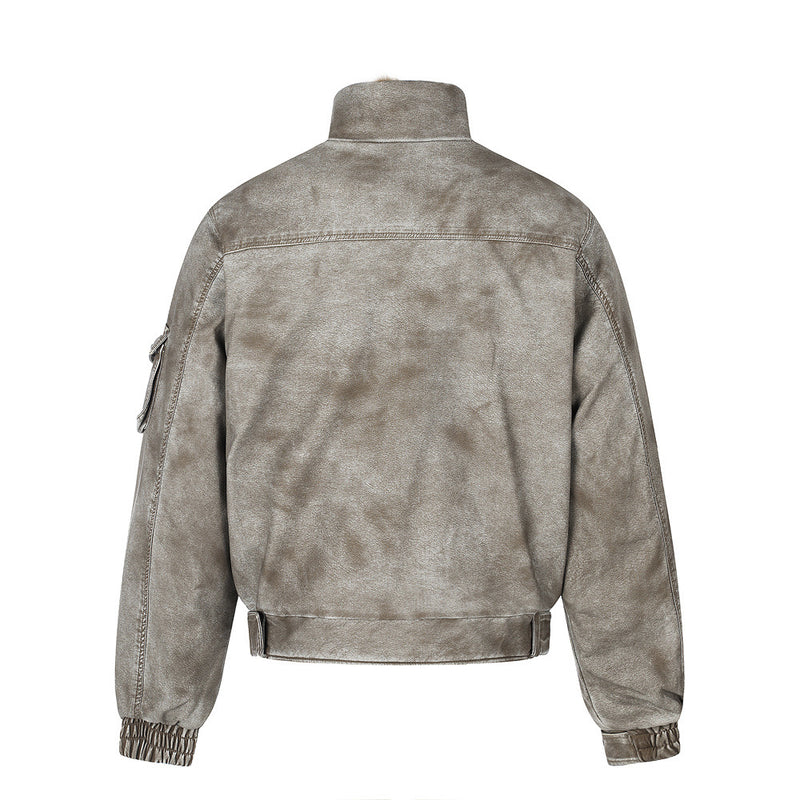 Men's Distressed Bomber Jacket with Faux Fur Collar – Padded Stand-Collar