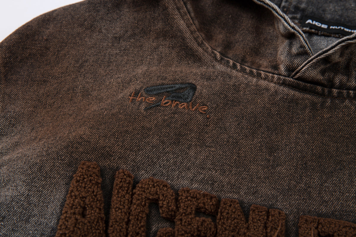 Washed Denim Hoodie Jacket – Boxy Fit with Embroidered Appliqué