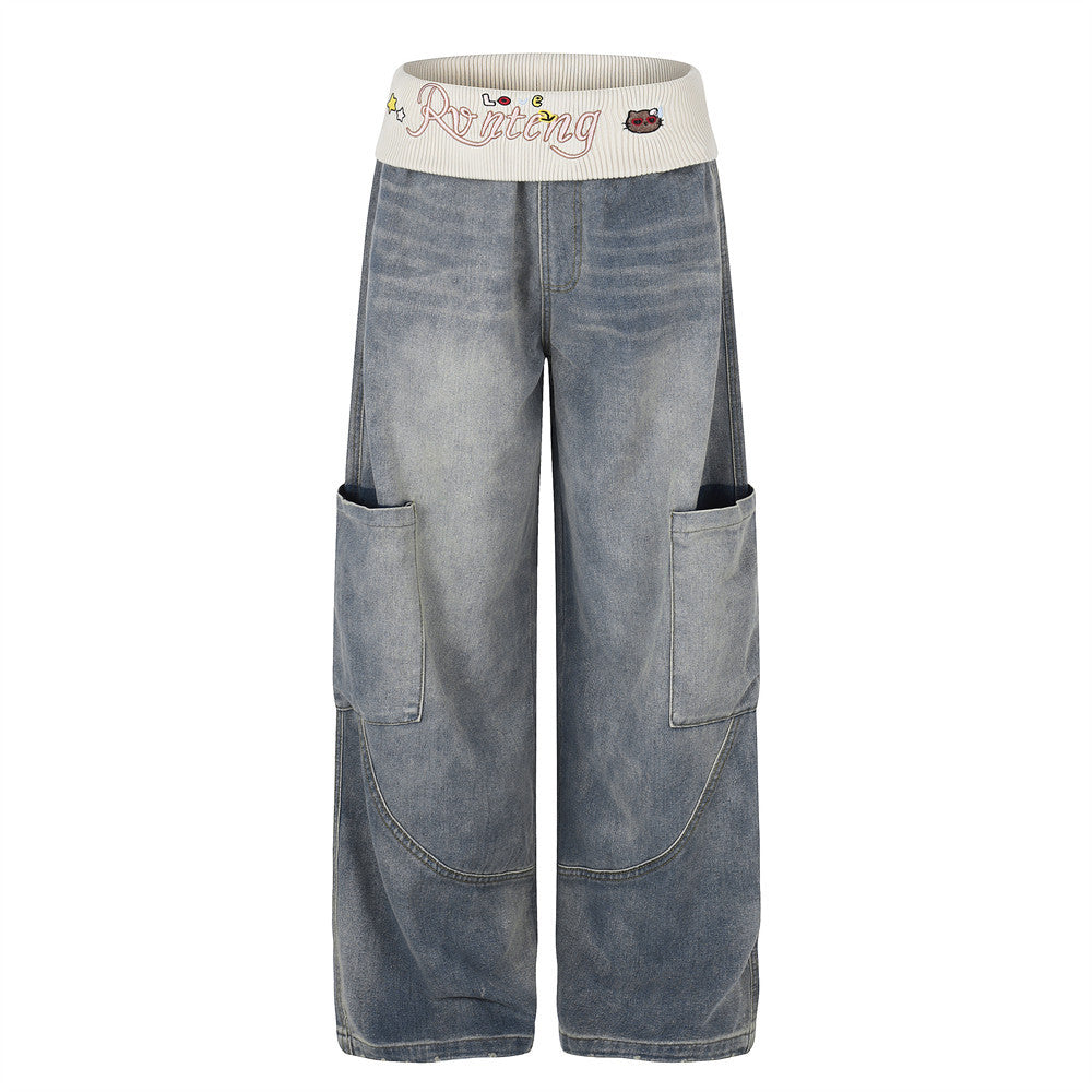 Vaqueros cargo de pierna ancha para hombre, en azul desgastado, con cintura de punto acanalado color crema y bolsillos laterales extragrandes