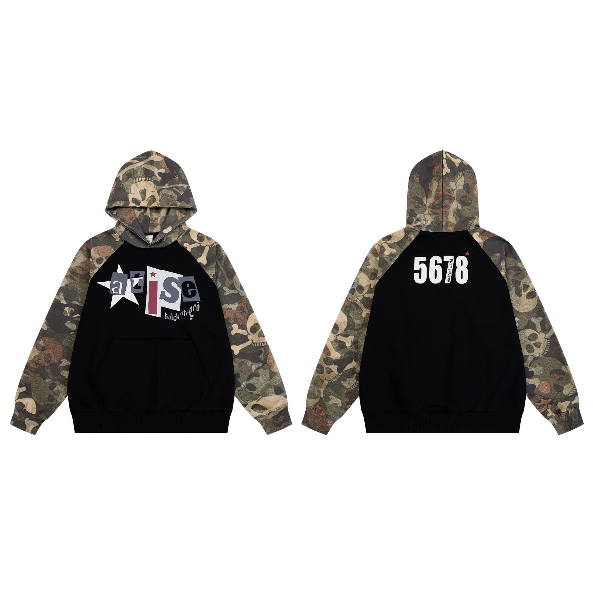 Camo Skull Raglan Hoodie – Colorblock Streetwear Pullover with Graphic Print