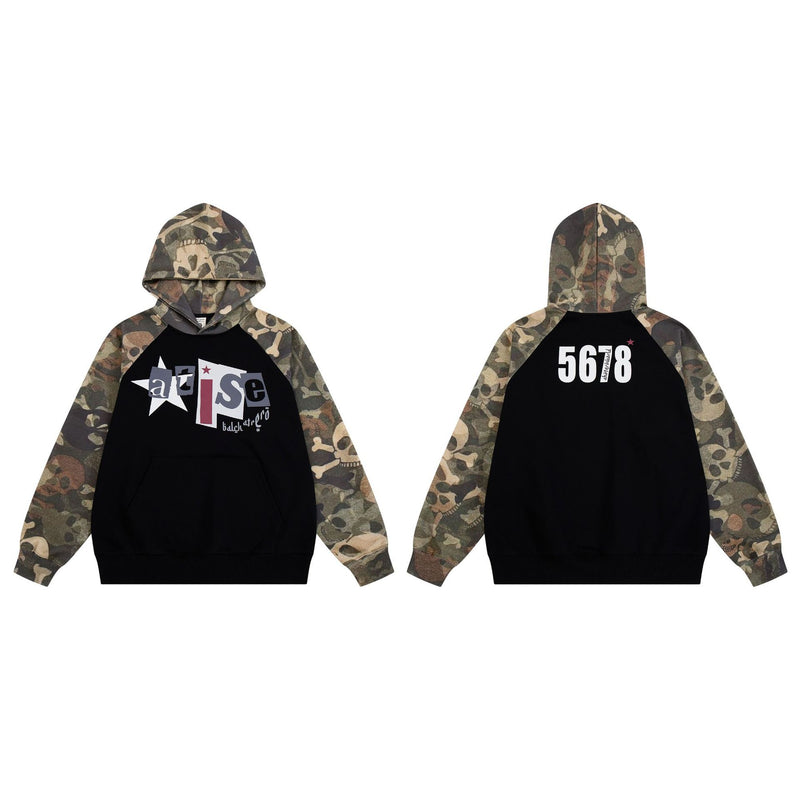 Camo Skull Raglan Hoodie – Colorblock Streetwear Pullover with Graphic Print