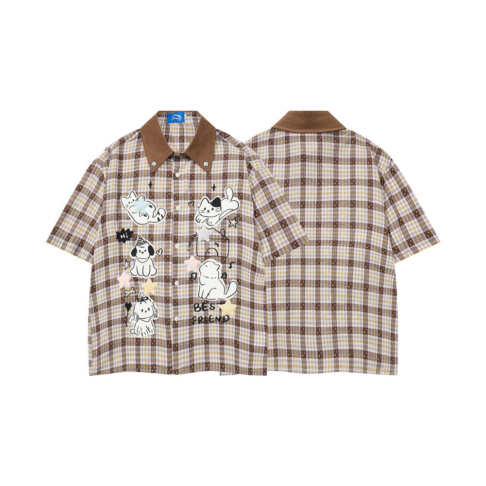 Cartoon Cat & Dog Patch Embroidery Plaid Short Sleeve Shirt