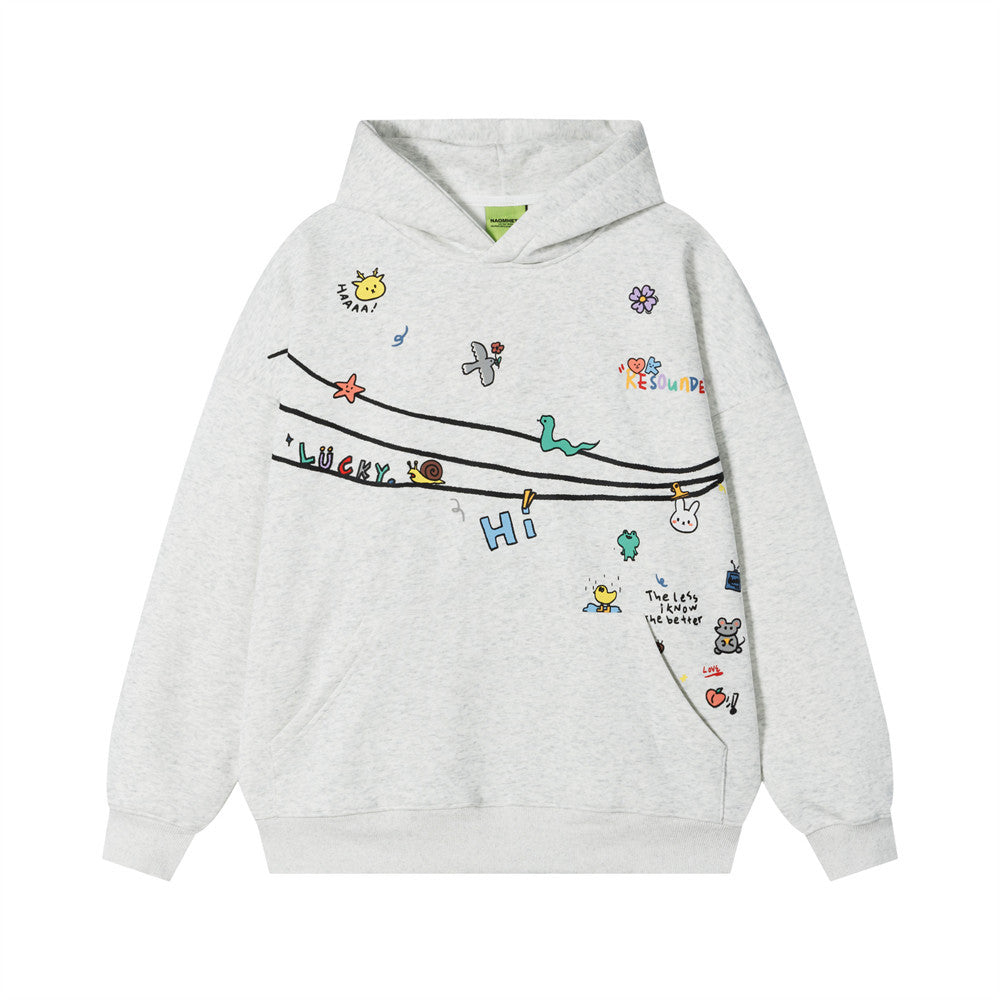 Sweat à capuche oversize à enfiler, motif cartoon – Imprimé doodle fantaisiste
