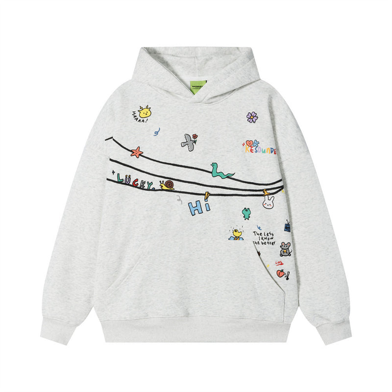 Sweat à capuche oversize à enfiler, motif cartoon – Imprimé doodle fantaisiste